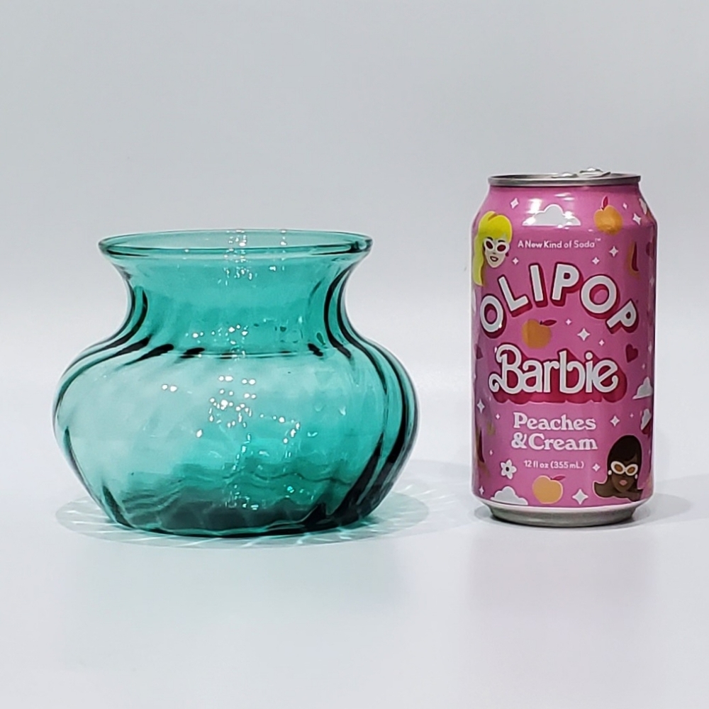 Vntg 5" Peacock Turquoise Optic Swirl Squat Vase